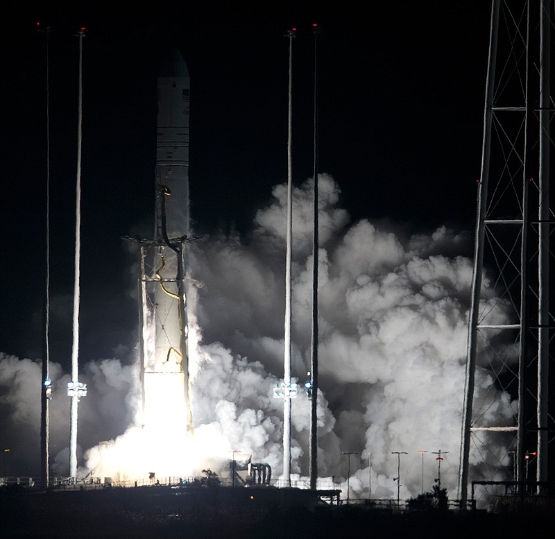 Northrop Grumman Antares rocket lifts off from the launch pad at NASA's Wallops Flight Facility in Wallops Island, Va., Saturday, Nov. 17, 2018. The rocket will deliver supplies to the International Space Station. (AP Photo/Steve Helber)