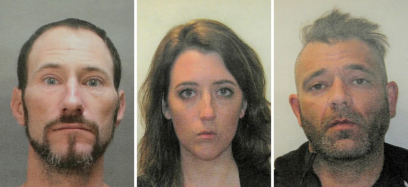 FILE - This November 2018 file combination of photos provided by the Burlington County Prosecutors office shows Johnny Bobbitt, from left, Katelyn McClure and Mark D'Amico. McClure, charged with scamming GoFundMe donors out of more than $400,000 with a fake story about homeless veteran Bobbitt, was duped by her former boyfriend and genuinely thought she was helping the man, her attorney said Monday. Nov. 19, 2018. (Burlington County Prosecutors Office via AP, File)