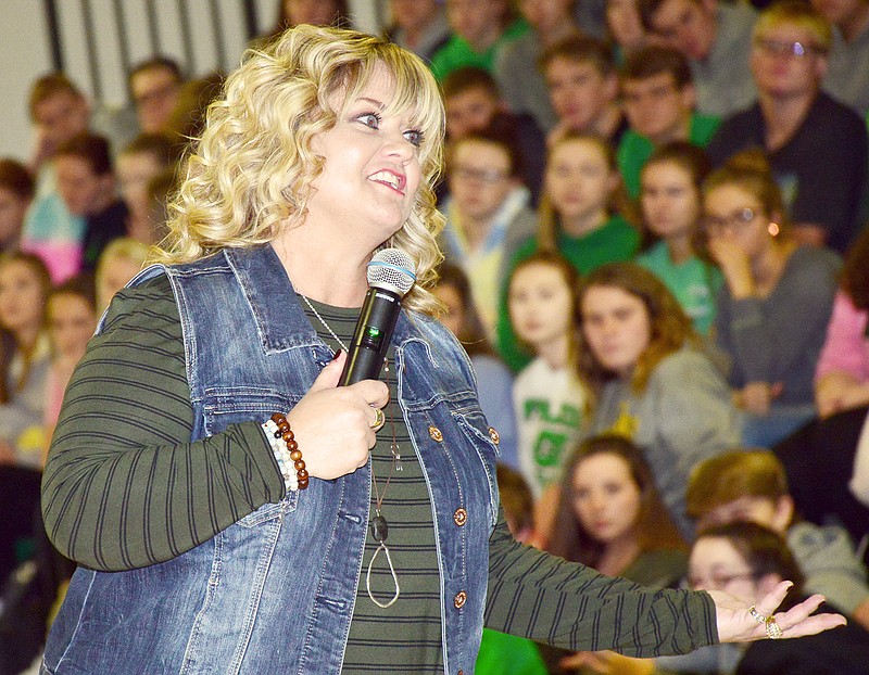 Angie Wallace talks about suicide prevention to Blair Oaks High School students Monday. Wallace spoke on behalf of the Taylor Wallace Gilpin Foundation for Suicide Prevention.