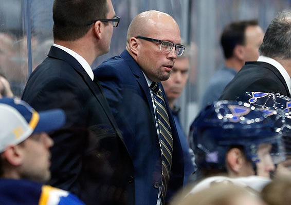 Blues head coach Mike Yeo is seen during the third period of a game earlier this month against the Golden Knights in St. Louis. Yeo was fired Monday night.
