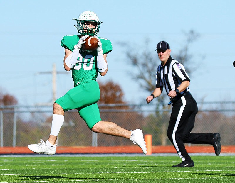 Blair Oaks receiver Ben Thomas catches a 60-yard touchdown pass during the first quarter of Saturday afternoon's Class 2 semifinal game against Lutheran North at the Falcon Athletic Complex in Wardsville.