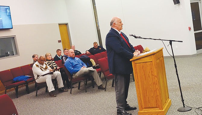 Randy Stevens, representing the Fulton Soup Kitchen, addresses City Council members on Tuesday night.