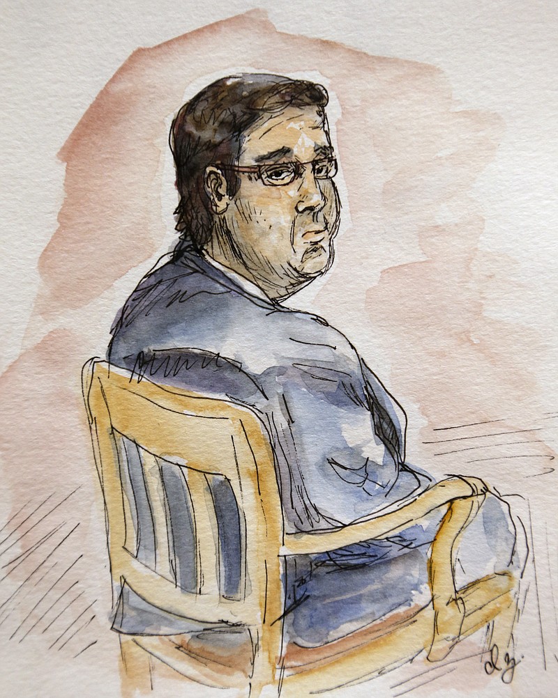 This artwork shows James Alex Jr., during jury selection in the trial of Fields in Charlottesville General District Court in Charlottesville, Va., Monday, Nov. 26, 2018. Jury selection lasted all day. (AP Photo/Izabel Zermani)