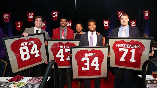 Hale Hentges (far left) is one of four Alabama players to be voted permanent captains of the 2018 football team, it was announced during the team's banquet Sunday night. Also selected (from left) were Christian Miller, Damien Harris and Ross Pierschbacher.