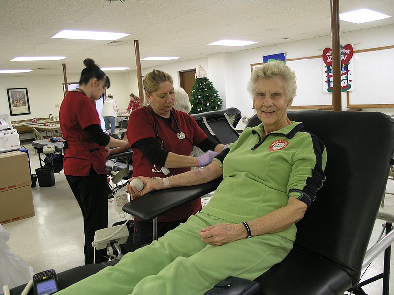 <p>Democrat photo/Danisha Hogue</p><p>Bonnie Woffrum was one of the first in line to donate at the community blood drive Nov. 29 at St. Paul’s Lutheran Church.</p>