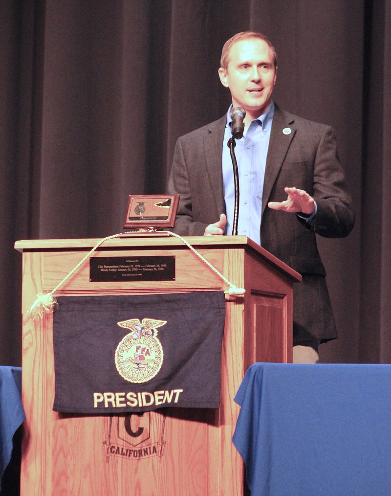 <p>Democrat photo/Liz Morales</p><p>Missouri Department of Agriculture Deputy Director Garrett Hawkins served as speaker Nov. 29 for the California FFA Greenhand and Chapter Degree ceremony at the performing arts center.</p>