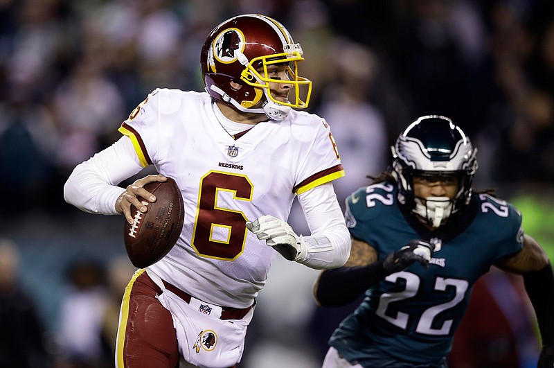In this Monday, Dec. 3, 2018, file photo, Washington Redskins quarterback Mark Sanchez (6) looks to pass during an NFL football game against the Philadelphia Eagles,, Philadelphia. The 32-year-old Sanchez hasn't won a regular-season start in almost exactly four years.  He'll be on the field Sunday when Washington (6-6) hosts the New York Giants (4-8). (AP Photo/Matt Rourke, File)