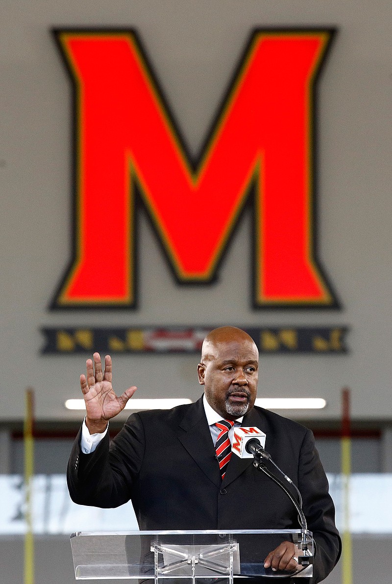 Maryland's New  head football coach Mike Locksley speaks at an NCAA college football news conference, Thursday, Dec. 6, 2018, in College Park, Md. Locksley, Alabama's offensive coordinator, will take over at Maryland after the most tumultuous year in the program's recent history. (AP Photo/Patrick Semansky)