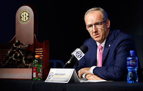 In this Dec. 1, 2017, file photo, SEC commissioner Greg Sankey speaks with the media during a news conference for the SEC championship game in Atlanta. Sankey said UCF should look "inward" to address strength of schedule issues that have held back the Knights in the College Football Playoff rankings.