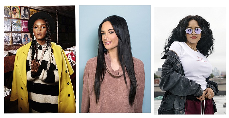 FILE - This 2018 combination of file photo shows, Janelle Monae, from left, Kacey Musgraves, and H.E.R. in New York. Female musicians who not only write their own lyrics - but produce their songs and albums too - are taking center stage at the 2019 Grammy Awards, a year after female voices were shut of the show’s major categories. Kacey Musgraves, H.E.R. and Janelle Monae, performers who play instruments, write or co-write all of their songs and are also listed as producers on their projects, earned nominations for the coveted album of the year. (Photos by Taylor Jewell, Drew Gurian, Victoria Will/Invision/AP, File)
