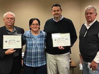 Arkansas Employer Support of the Guard and Reserve, a Department of Defense operational committee, announced that Ron Sterling and Wade Kimmel of the Arkansas Child Support Enforcement Service were honored with a Patriot Award in recognition of extraordinary support of its employees serving in the Arkansas Guard and Reserve. The photo includes, from left, Ron Sterling, Staff Sargeant Mae McKinnon, Wade Kimmel of Arkansas Child Support Enforcement Office and Paul Henley, Southwest Chair for ESGR.  (Submitted photo)
