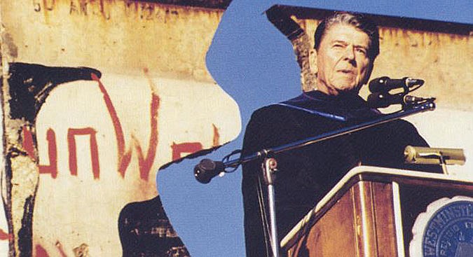 Former U.S. President Ronald Reagan speaks Nov. 9, 1990 at a dedication of the Berlin Wall sculpture "Breakthrough" at Westminster College in Fulton. In that speech, he said he dreamed of a world without walls. 