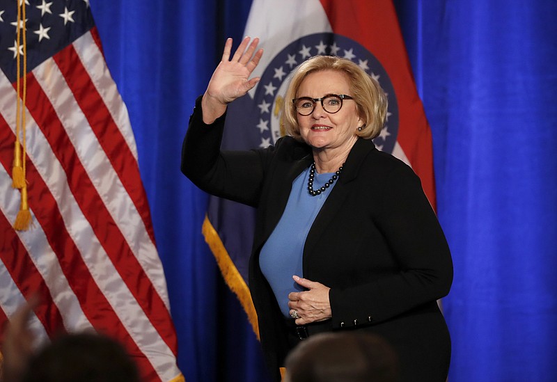 FILE - In this Nov. 6, 2018 file photo, Sen. Claire McCaskill, D-Mo., steps on stage to deliver a concession speech in St. Louis. In a farewell speech on the floor of the Senate, Thursday, Dec. 13, 2018, McCaskill said the Senate has lost its way due to political polarization and an unwillingness to take on tough issues. The two-term senator was defeated by Republican Josh Hawley in the November election. (AP Photo/Jeff Roberson File)