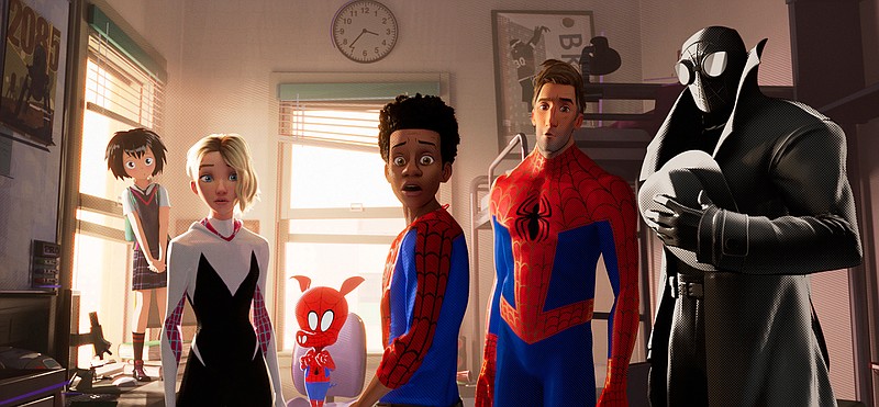 This image released by Sony Pictures Animation shows characters, from left, Peni, voiced by Kimiko Glen, Spider-Gwen, voiced by Hailee Steinfeld, Spider-Ham, voiced by John Mulaney, Miles Morales, voiced by Shameik Moore, Peter Parker, voiced by Jake Johnson, Spider-Man Noir, voiced by Nicolas Cage in a scene from "Spider-Man: Into the Spider-Verse. (Sony Pictures Animation via AP)