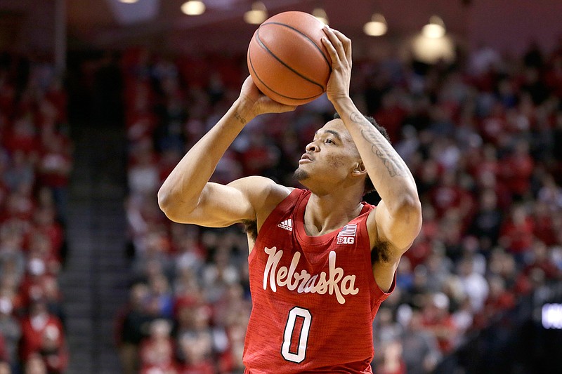 Nebraska's James Palmer Jr. (0) shoots a 3-pointer during the first half of the team's NCAA college basketball game against Creighton in Lincoln, Neb., Saturday, Dec. 8, 2018. (AP Photo/Nati Harnik)