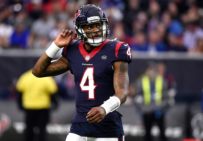 In this Sunday, Dec. 9, 2018, file photo, Houston Texans quarterback Deshaun Watson (4) looks up at the scoreboard during the second half of an NFL football game against the Indianapolis Colts, in Houston. After having their franchise-record nine-game winning streak stopped last Sunday, Watson and the Texans are focused on getting back into the win column Saturday when they play the New York Jets. (AP Photo/Eric Christian Smith, File)