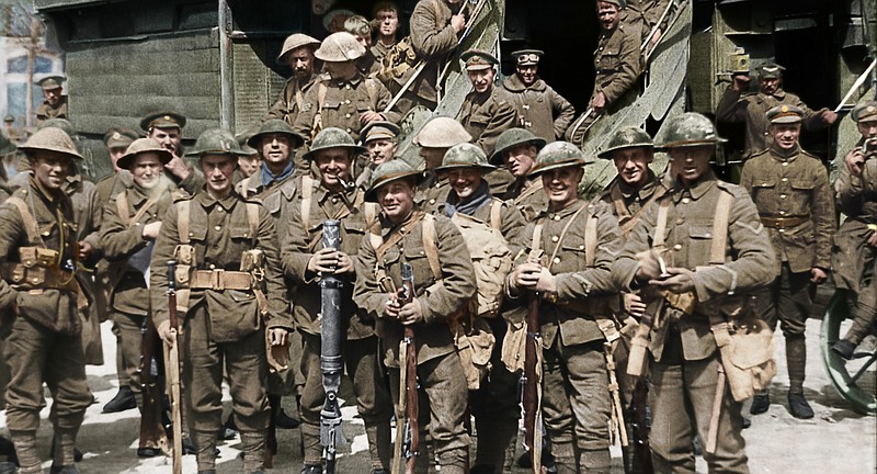 This image released by Warner Bros. Entertainment shows a scene from the WWI documentary "They Shall Not Grow Old," directed by Peter Jackson. Jackson drew on all the technical know-how of his big-budget spectacles to turn hundreds of hours of footage from the Western Front and audio of surviving soldiers into a seamless, unobstructed portrait of the war as seen from the British trenches. Jackson altered frame rates, colorized and turned 3-D the footage, even employing lip readers to capture dialogue.  (Warner Bros. Entertainment via AP)