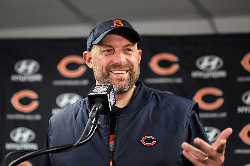 In this Sunday, Nov. 18, 2018 file photo, Chicago Bears head coach Matt Nagy speaks at a news conference after an NFL football game against the Minnesota Vikings in Chicago. Chicago first-year coach Matt Nagy has been picked by a panel of AP football writers as having done the best coaching job in 2018. Nagy has helped develop Mitchell Trubisky and has the Bears poised for their first playoff berth since 2010. Nagy beat out Seattle's Pete Carroll and Kansas City's Andy Reid in the voting. (AP Photo/Nam Y. Huh, File)