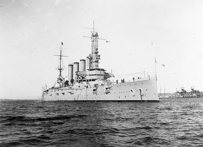 This Jan. 28, 1915 made available by the U.S. Naval History and Heritage Command shows the USS San Diego while serving as flagship of the Pacific Fleet. Her name had been changed from California in September 1914. On a clear summer day, July 19, 1918, an external explosion near the ship's engine room shook the armored cruiser. Water soon rushed into the hull. Within minutes, the 500-foot warship began to capsize. Weighed down with 2,900 tons coal for a planned voyage across the Atlantic Ocean, the vessel sank in just 20 minutes. Six crew members perished. (U.S. Naval History and Heritage Command via AP)