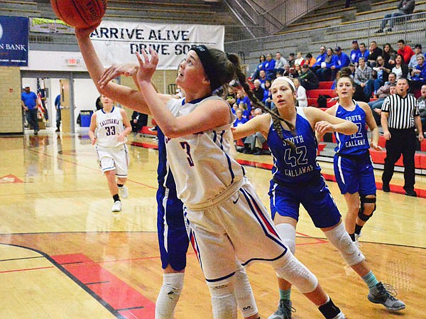 California's Tristan Porter drives the baseline for a shot during Saturday's game against South Callaway in the Capital City Shootout at Fleming Fieldhouse.