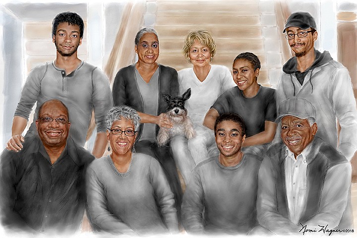 This photo provided by Nomi Wagner shows a family portrait Wagner was commissioned to paint for Jewelette McDaniel. McDaniel had always felt guilty about not sending photos often enough to her mother-in-law so last Christmas she commissioned Wagner to create a family portrait featuring her in-laws and their immediate family. (Nomi Wagner via AP)