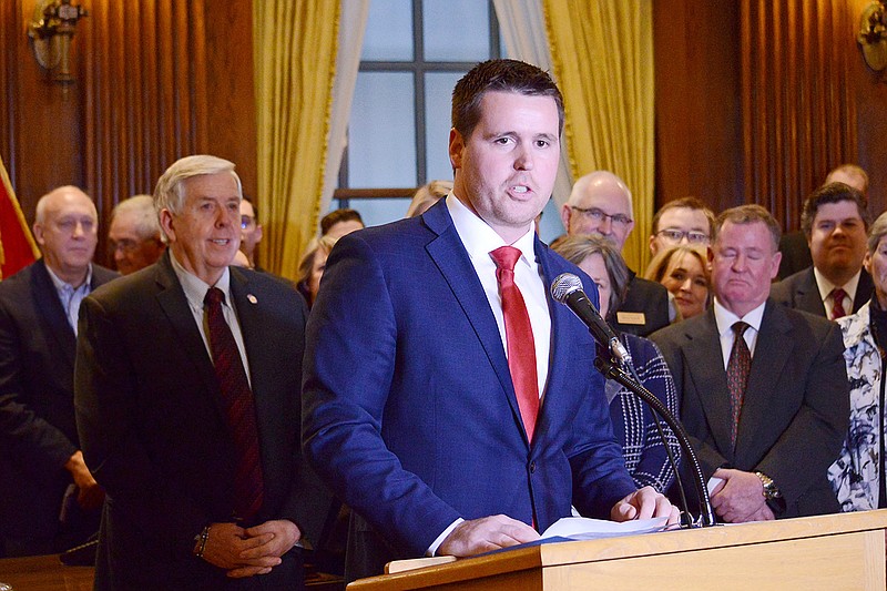 Scott Fitzpatrick speaks to guests and members of the press Dec. 19 during a news conference by Gov. Mike Parson naming him as the new Missouri state treasurer. 