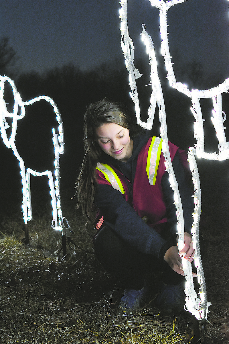 Kaitlyn Buker, 16, a volunteer for the Special Learning Center, works on a display at the Festival of Lights prior to the 6 p.m. Sunday start of the drive-through display at Binder Lake.