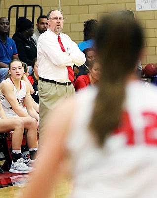 Jefferson City coach Brad Conway watches his team during a game last season against Battle at Fleming Fieldhouse.