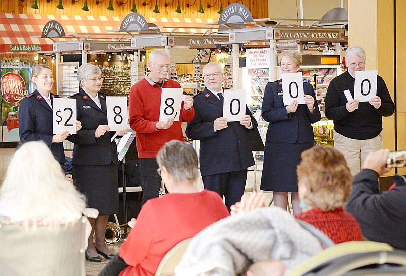 In this Nov. 10, 2018 photo, members of the Jefferson City Salvation Army reveal their campaign goal during the kickoff to their Red Kettle Campaign at Capital Mall. The 2018 campaign raised $289,369, exceeding the goal of $288,000 revealed at the kickoff. 