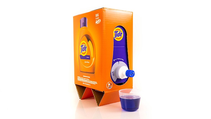 This undated image provided by P&G shows the Tide Eco-Box. Tide and Seventh Generation have introduced redesigned laundry detergents that are several pounds lighter by cutting down on plastic in their packaging and using less water in their formulas. (P&G via AP)