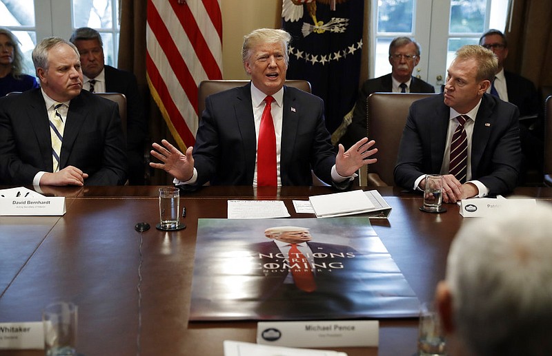 President Donald Trump speaks during a cabinet meeting at the White House, Wednesday, Jan. 2, 2019, in Washington. David Bernhardt, Acting Secretary of Interior is left and Patrick Shanahan, Acting Secretary of Defense is right. 