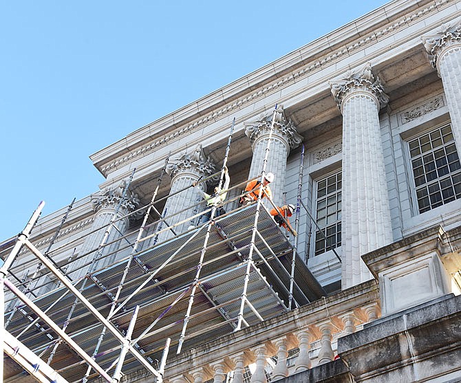 While a new legislative session will soon be underway inside the Capitol, work continues on the exterior renovation where tradesmen, carpenters, skilled artisans and more work to repair the weather-damaged exterior surface. The 100th General Assembly will convene at noon Wednesday.