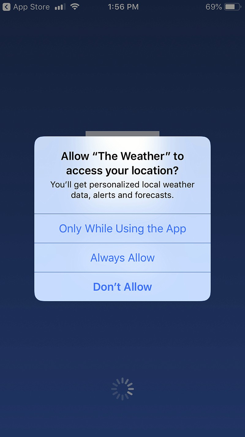 A mobile phone with The Weather Channel app location preference page is seen Friday, Jan. 4, 2019. Los Angeles City Attorney Michael Feuer said Friday that owners of The Weather Channel app, one of the most popular mobile weather apps, used it to track people's every step and profit off that information. Feuer said the company misled users of the popular app to think their location data will only be used for personalized forecasts and alerts. A spokesman for app owner IBM Corp. says it's been clear about the use of location data and will vigorously defend its "fully appropriate" disclosures. (AP Photo/Brian Melley)