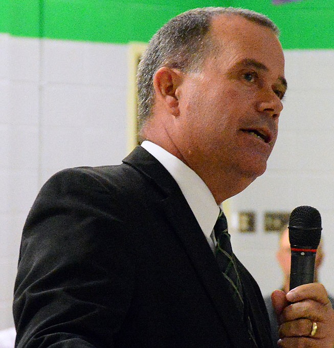 Blair Oaks Superintendent Jim Jones addresses patrons at a school district public meeting July 19, 2018.