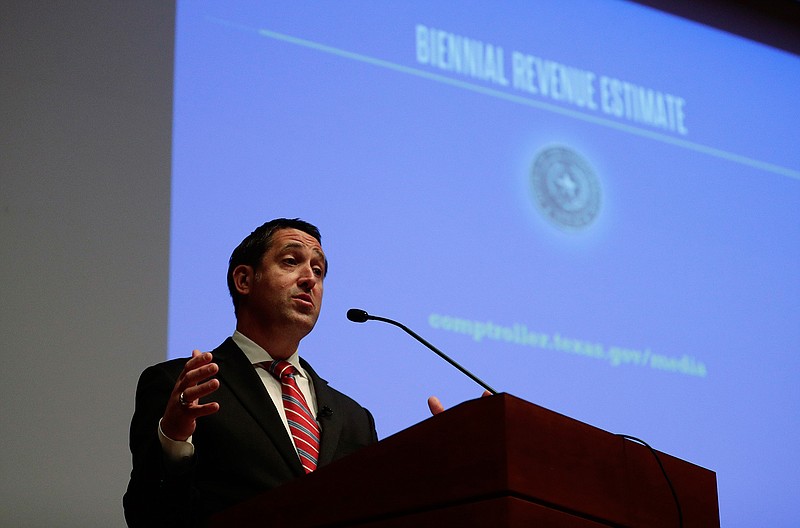 Texas Comptroller Glenn Hegar speaks during a news conference where he released biennial revenue estimates that will be used to set Texas budget for the upcoming legislative session, Monday, Jan. 7, 2019, in Austin, Texas. 