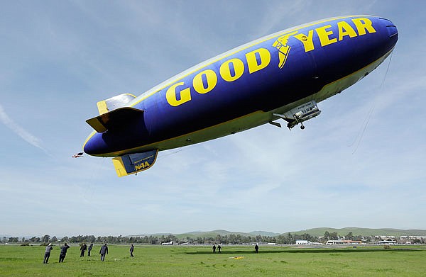 In this Feb. 5, 2016, file photo, the Goodyear Blimp Spirit of Innovation takes off for a flight over Super Bowl fan sites from the airport in Livermore, Calif.