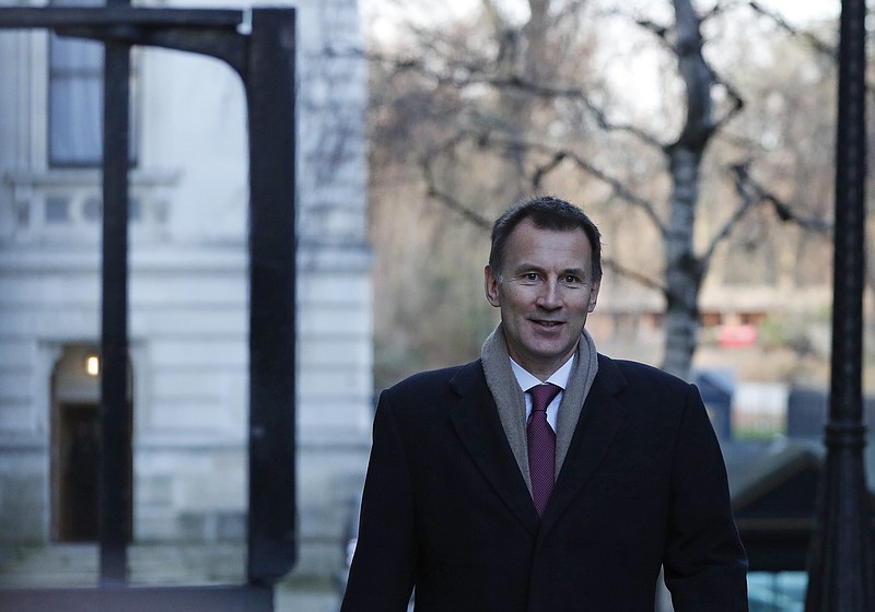 Britain's Foreign Secretary Jeremy Hunt arrives for a cabinet meeting in Downing street in London, Tuesday, Jan. 8, 2019. (AP Photo/Alastair Grant)