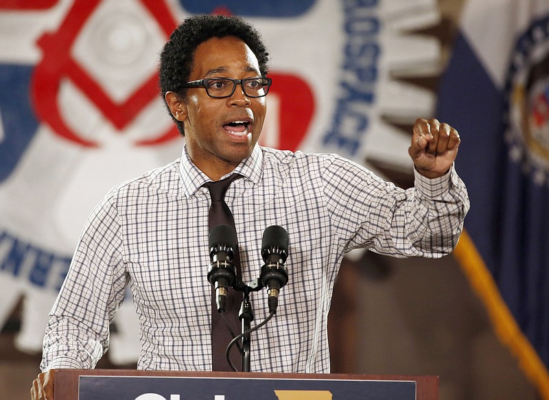 FILE - In this Oct. 31, 2018, file photo, Democratic candidate for St. Louis County prosecuting attorney Wesley Bell speaks during a campaign rally in Bridgeton, Mo. Wesley, the new St. Louis County prosecuting attorney, is so far declining comment on whether he will consider reopening the investigation into the fatal police shooting of Michael Brown in Ferguson. Brown, a black and unarmed 18-year-old, was fatally shot by white officer Darren Wilson on Aug. 9, 2014, setting off months of protests. (AP Photo/Jeff Roberson, File)