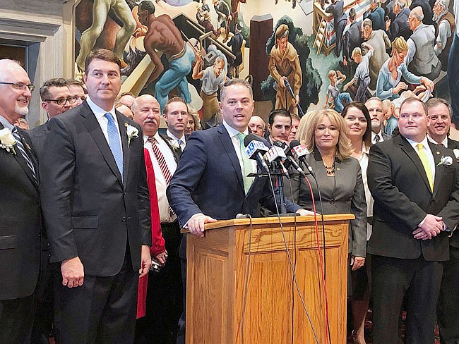 Missouri House Speaker Elijah Haahr speaks to reporters Wednesday during a press conference in the House Lounge of the state Capitol in Jefferson City. Haahr was elected by colleagues to the top leadership position earlier Wednesday, which was the first day of the 2019 legislative session.