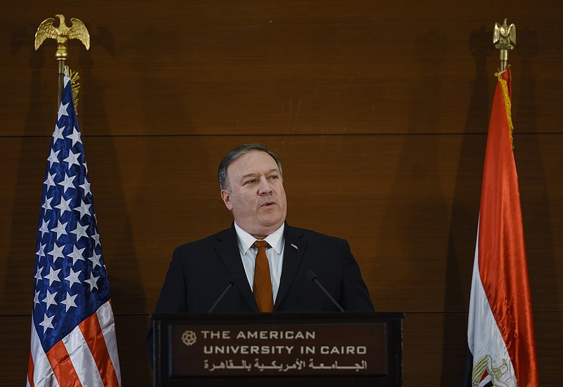 Secretary of State Mike Pompeo speaks to students at the American University Cairo, in the eastern suburb of New Cairo, Egypt, east of the capital, Thursday, Jan. 10, 2019. (Andrew Caballero-Reynolds/Pool Photo via AP)