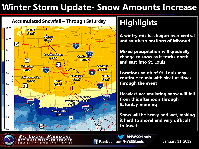 National Weather Service St. Louis winter storm update as of noon Friday, Jan. 11, 2019.