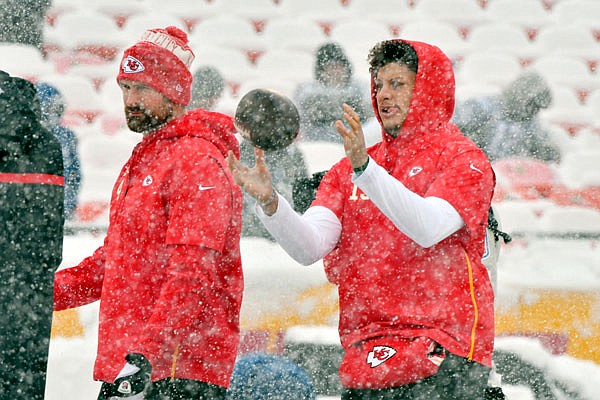 Chiefs quarterback Patrick Mahomes warms up before today's game against the Colts at Arrowhead Stadium.