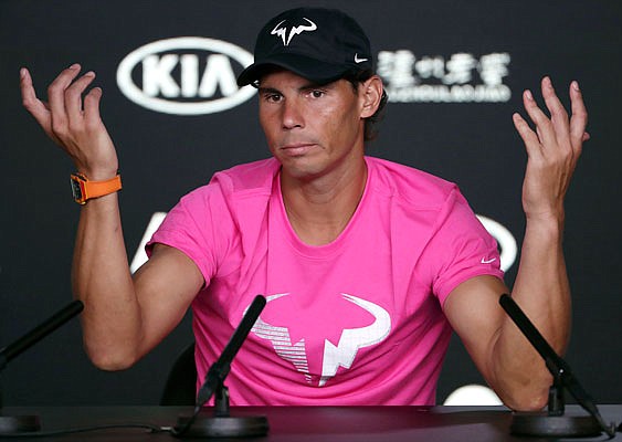 Rafael Nadal gestures during a press conference Saturday ahead of the Australian Open in Melbourne, Australia.