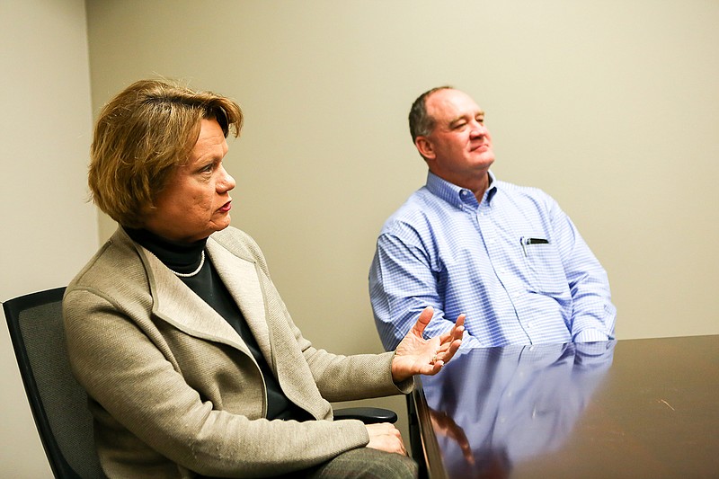 Rep. Carol Dalby and Sen. Jimmy Hickey Jr. explain their goals for 2019 on Friday in Texarkana, Ark. The two previewed the Arkansas General Assembly that will begin on Monday.