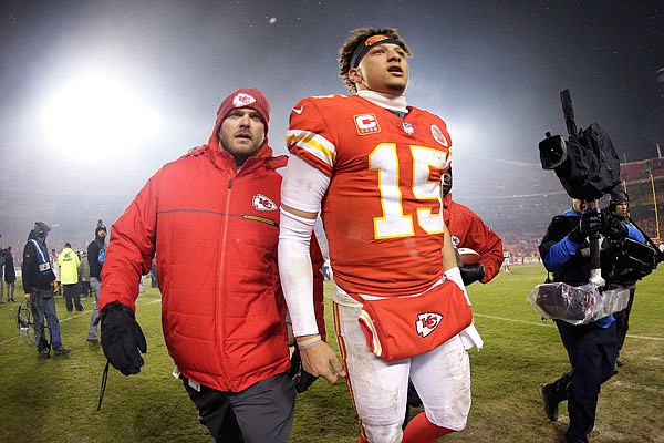 Chiefs quarterback Patrick Mahomes walks off the field after Saturday's AFC divisional playoff game against the Colts at Arrowhead Stadium.