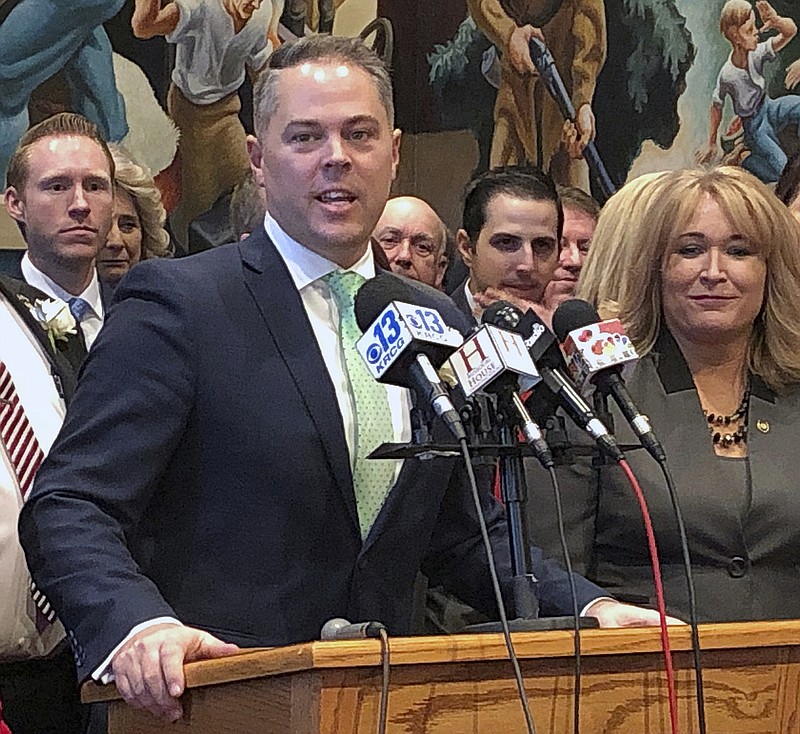 FILE - In this Jan. 9, 2019 file photo, Missouri House Speaker Elijah Haahr speaks to reporters during a press conference in the House Lounge of the state Capitol in Jefferson City, Mo. Missouri House leaders are backing legislation that could undo mandatory minimum sentencing laws enacted decades ago. Haahr says he wants to fix "a broken criminal justice system" that he says places a lot of people in prison who could instead be working. (AP Photo/David A. Lieb File)