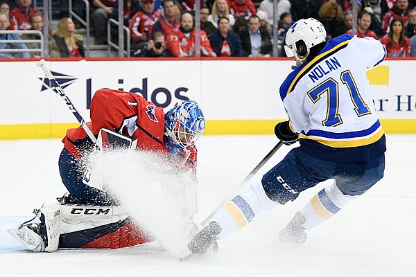 Capitals goaltender Pheonix Copley gets sprayed by Jordan Nolan of the Blues on a play near the net during Monday night's game in Washington.