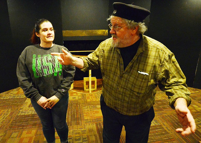 <p>(Photo by Mark Wilson/News Tribune) Gertrude, played by Erin Matteson, rehearses a scene from “Rosencrantz and Guildenstern Are Dead” with her on-stage husband Claudius, played by Kerry Cordray, Tuesday at Scene One Theatre.</p>