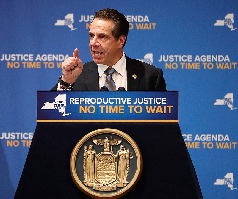 In this Monday, Jan. 7, 2019 file photo, Gov. Andrew Cuomo speaks during an appearance with former Secretary of State Hillary Clinton where both Democrats called for codifying abortion rights into New York State law during a joint appearance at Barnard College in New York. Cuomo says Trump's Supreme Court nominees "don't even pretend to be objective jurists. They've already announced their intention to impose their morality on the nation and roll back Roe v. Wade." (AP Photo/Kathy Willens)