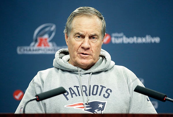 Patriots head coach Bill Belichick faces reporters before Wednesday's practice in Foxborough, Mass. The Patriots are scheduled to play the Chiefs in the AFC championship game Sunday in Kansas City.